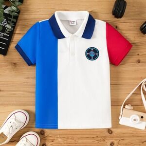 PatPat Boys Toddler Compass Graphic Colorblock Polo - Red, White, Blue - 2T